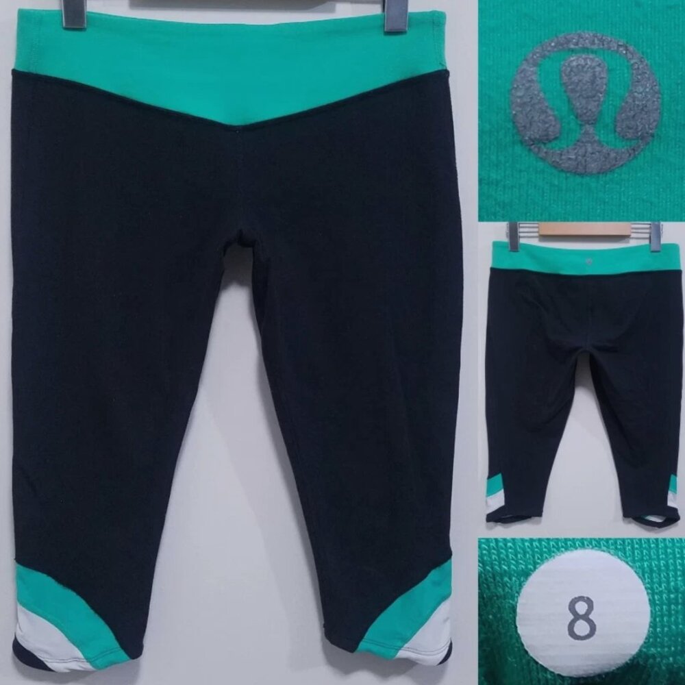 Lululemon Crop Leggings 8 Medium Woman's Green Black White Capri Pants Skinny